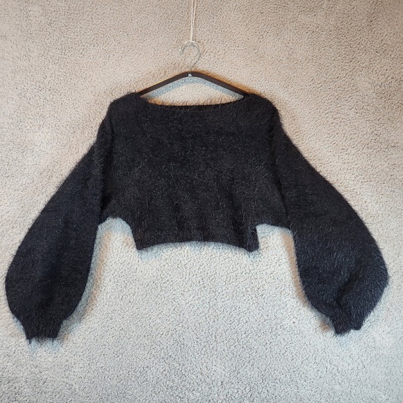 Superdown Fuzzy Crop Top Sweater Women's Small Balloon Sleeve Pullover Black - Picture 1 of 8